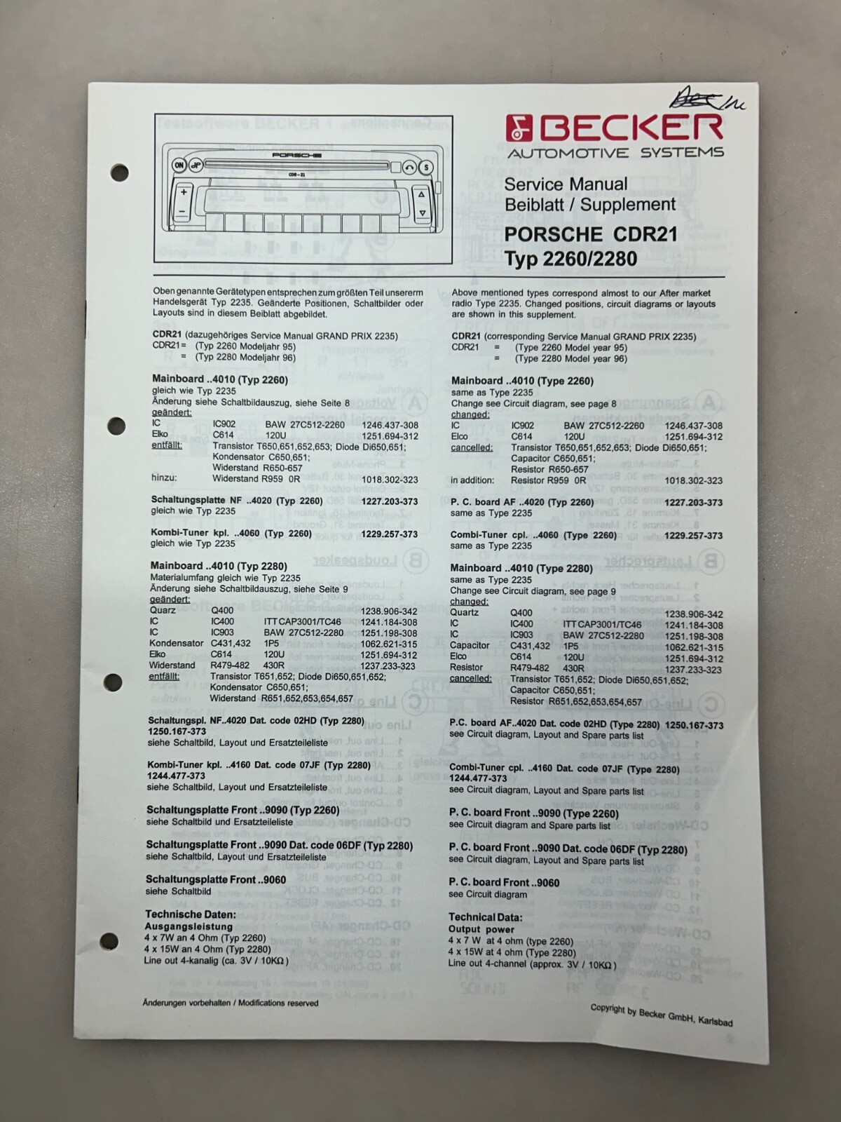 Becker 2260 2280 Original Service Manual Free Shipping