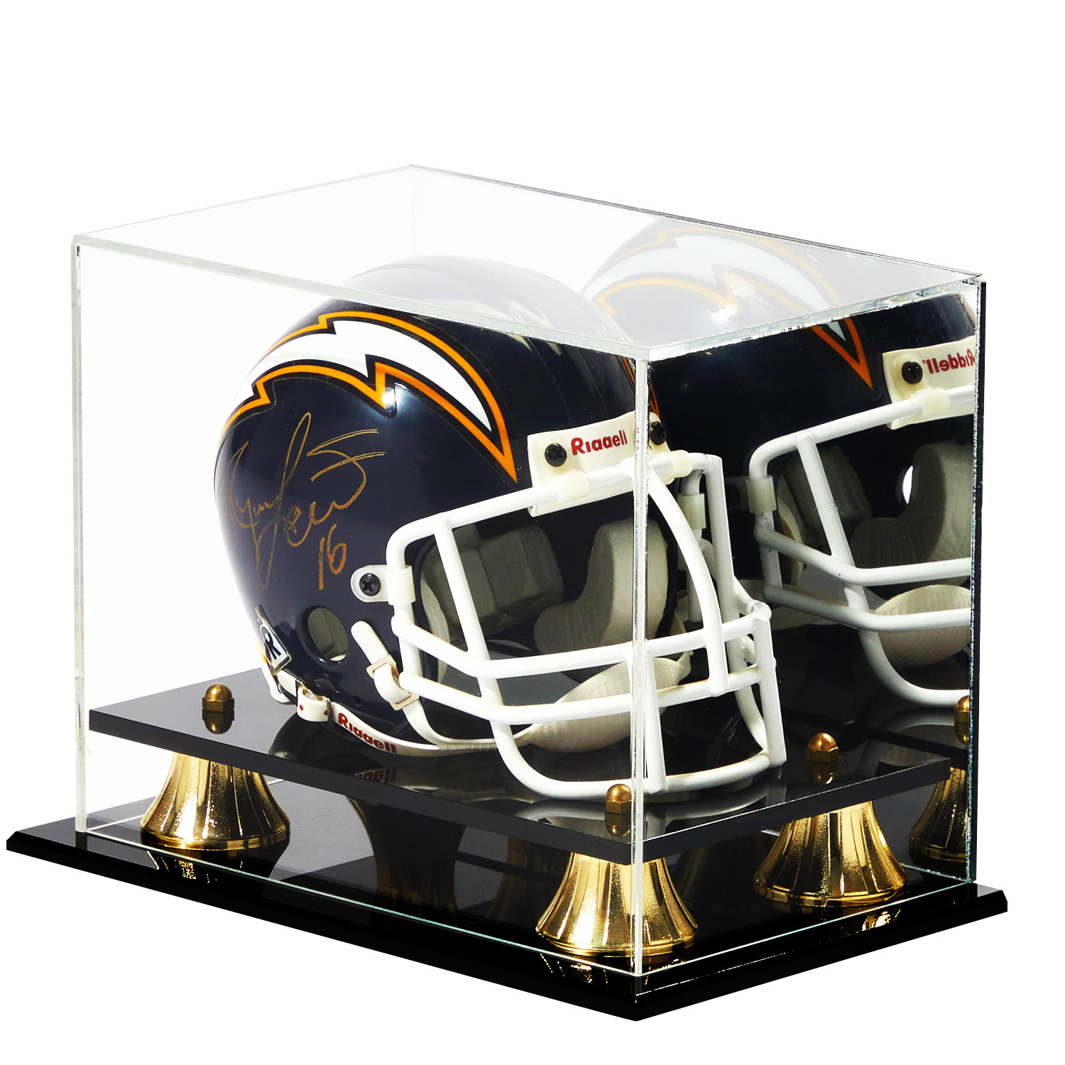 Mini Helmet Display Case Acrylic w/ Black Acrylic Base Gold Risers & Mirror Back