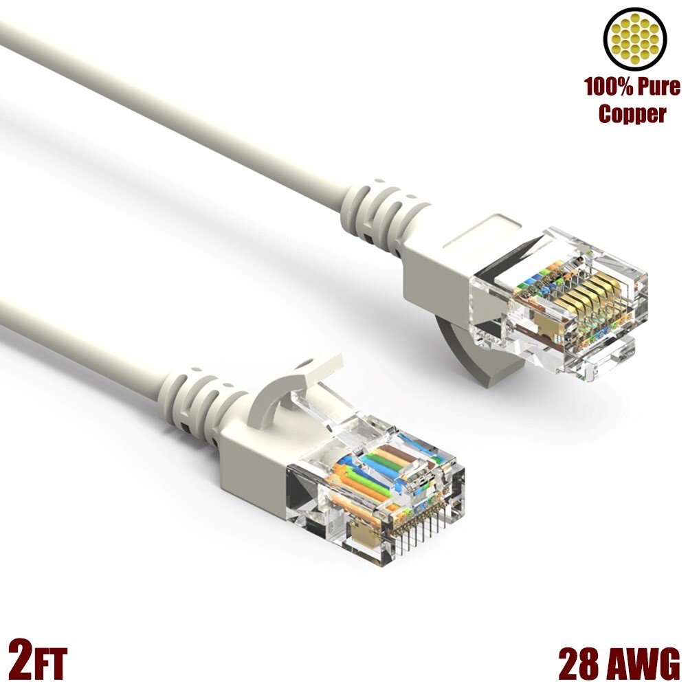 2FT Cat6A RJ45 SLIM Ethernet LAN Network UTP Patch Cable Gold 28AWG Copper White
