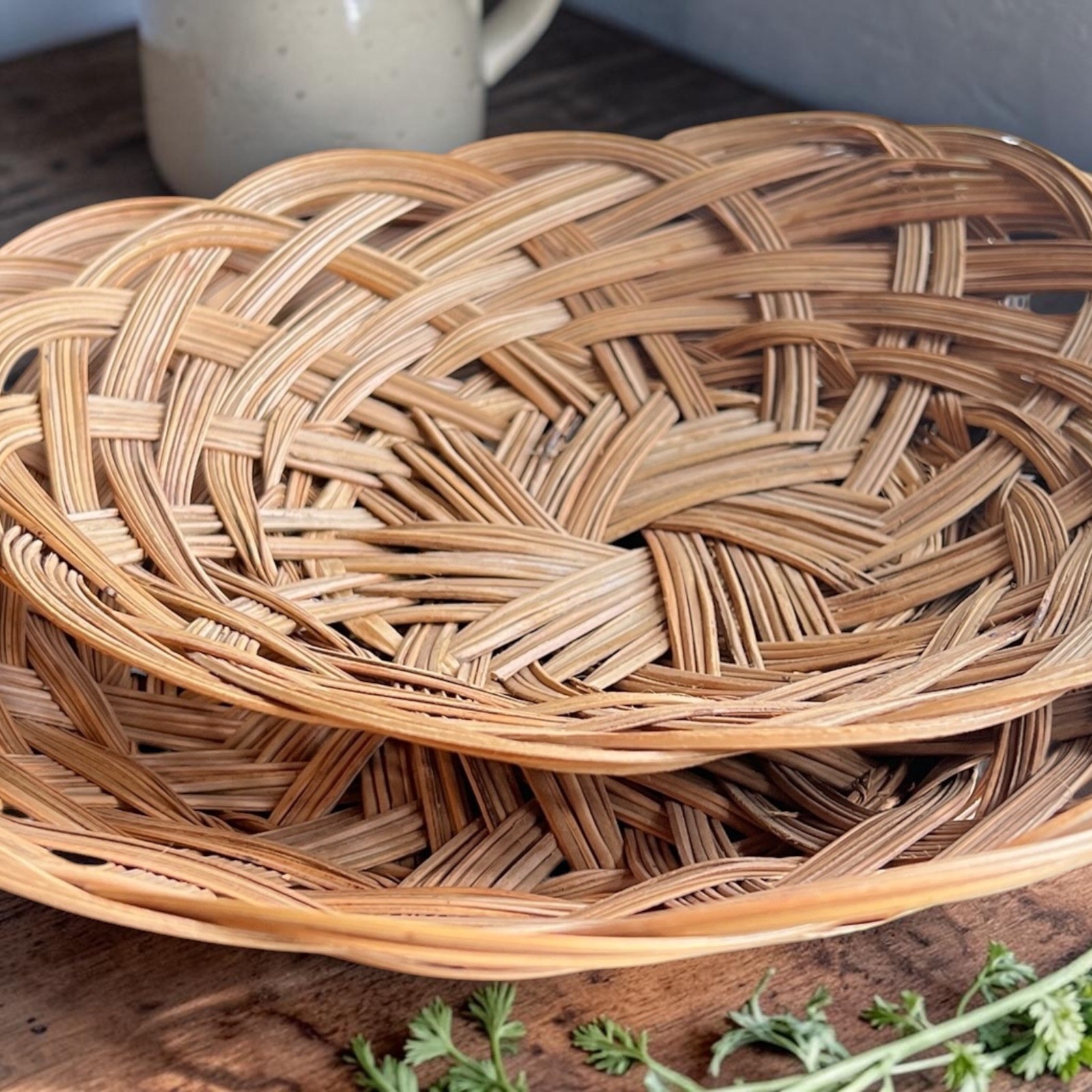 Vtg Woven Rattan Wicker Basket Set 2 Round Boho Hand Made in Philippines Tan
