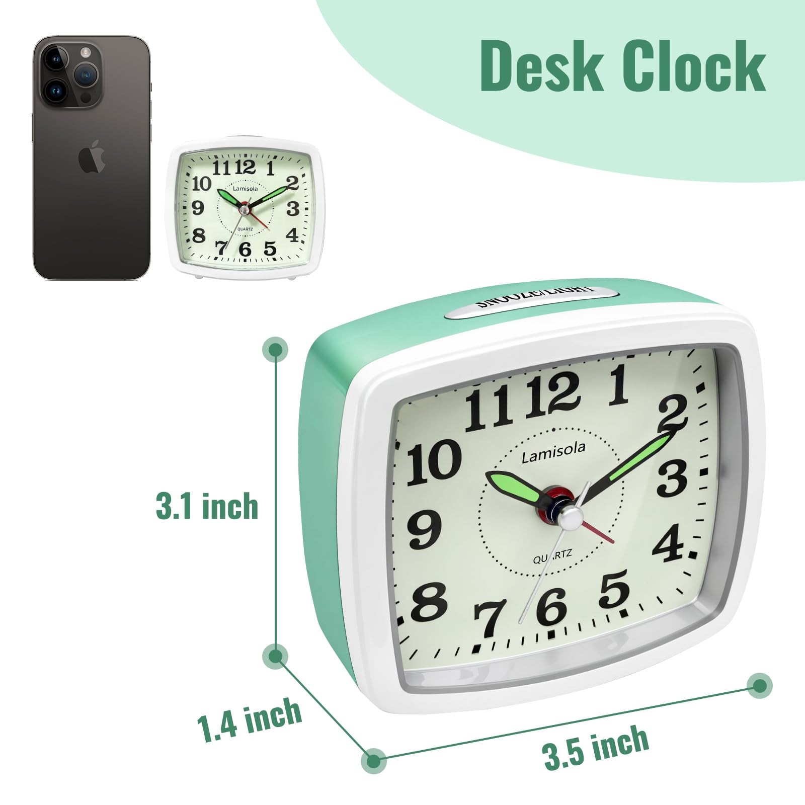 Lamisola Battery Analog Travel Alarm Clock, Small Clock for Small, Mint