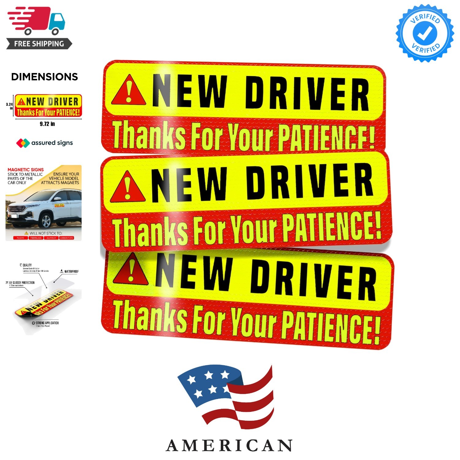 New Driver Magnet for Car - Extra Strong Hold - 9.72" by 3.24" - 3 Pack - Ess...