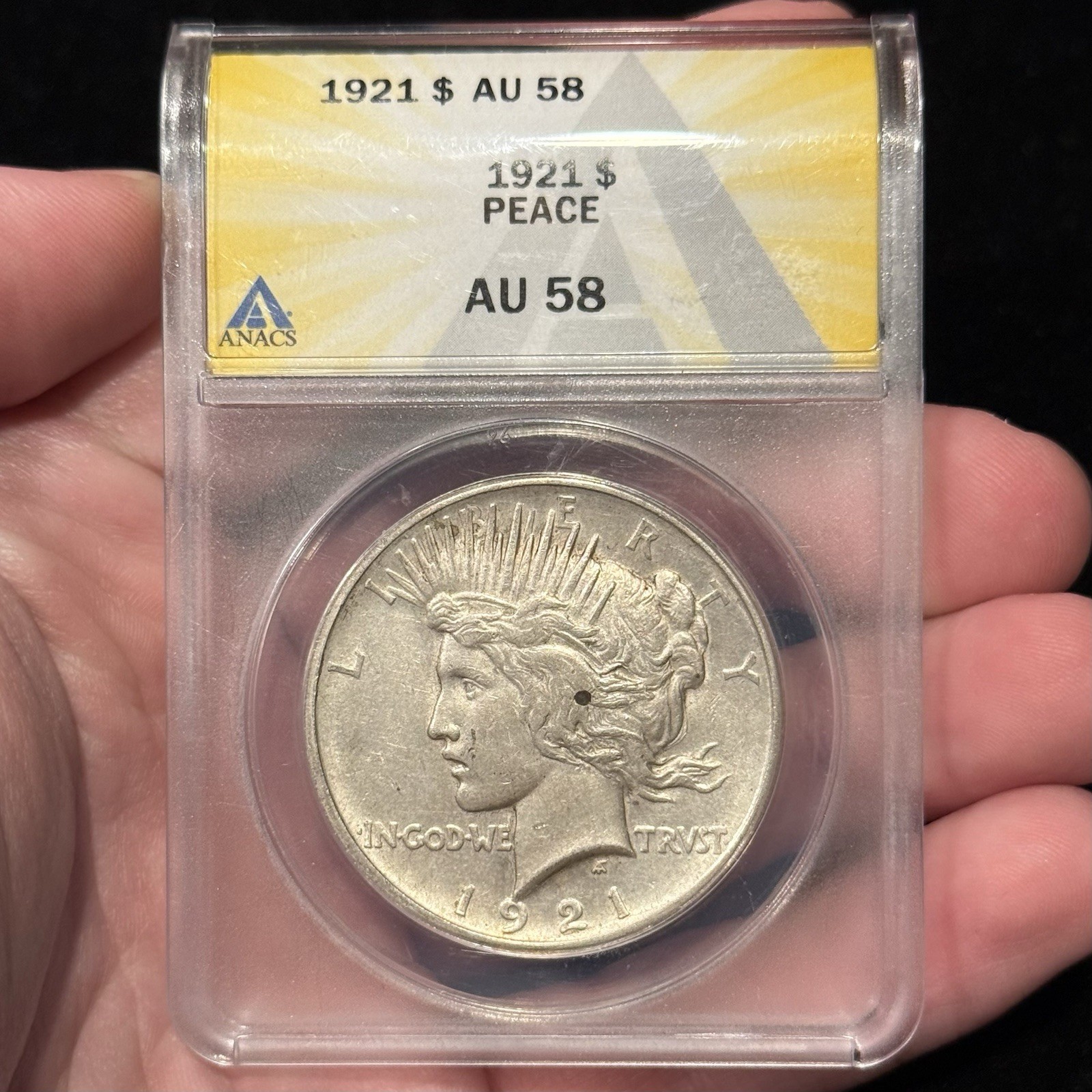 1921 Peace Dollar ANACS AU58, Key Date Silver Dollar