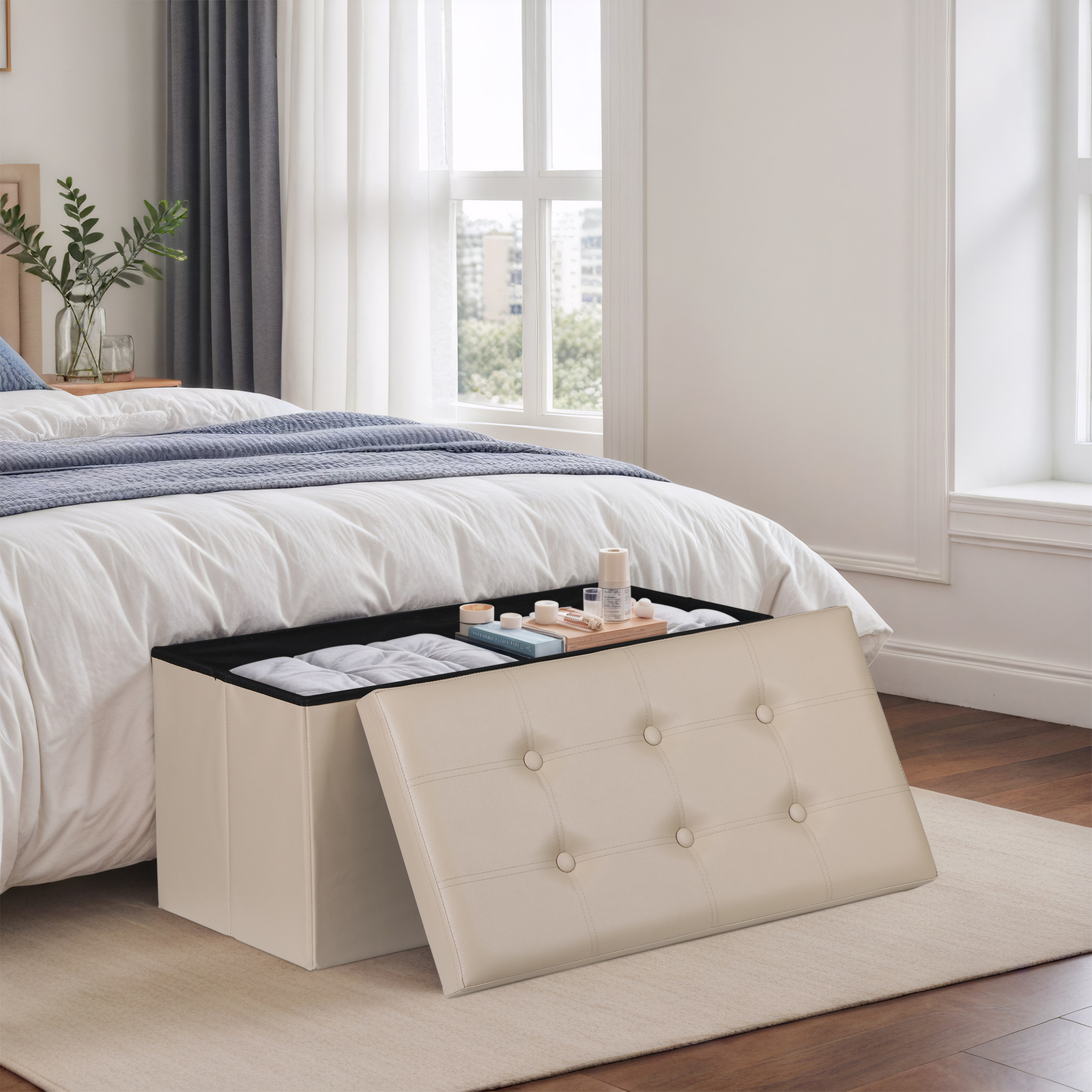 30'' Folding Ottoman Rectangular Footrest Storage Chest with Faux Leather Lid