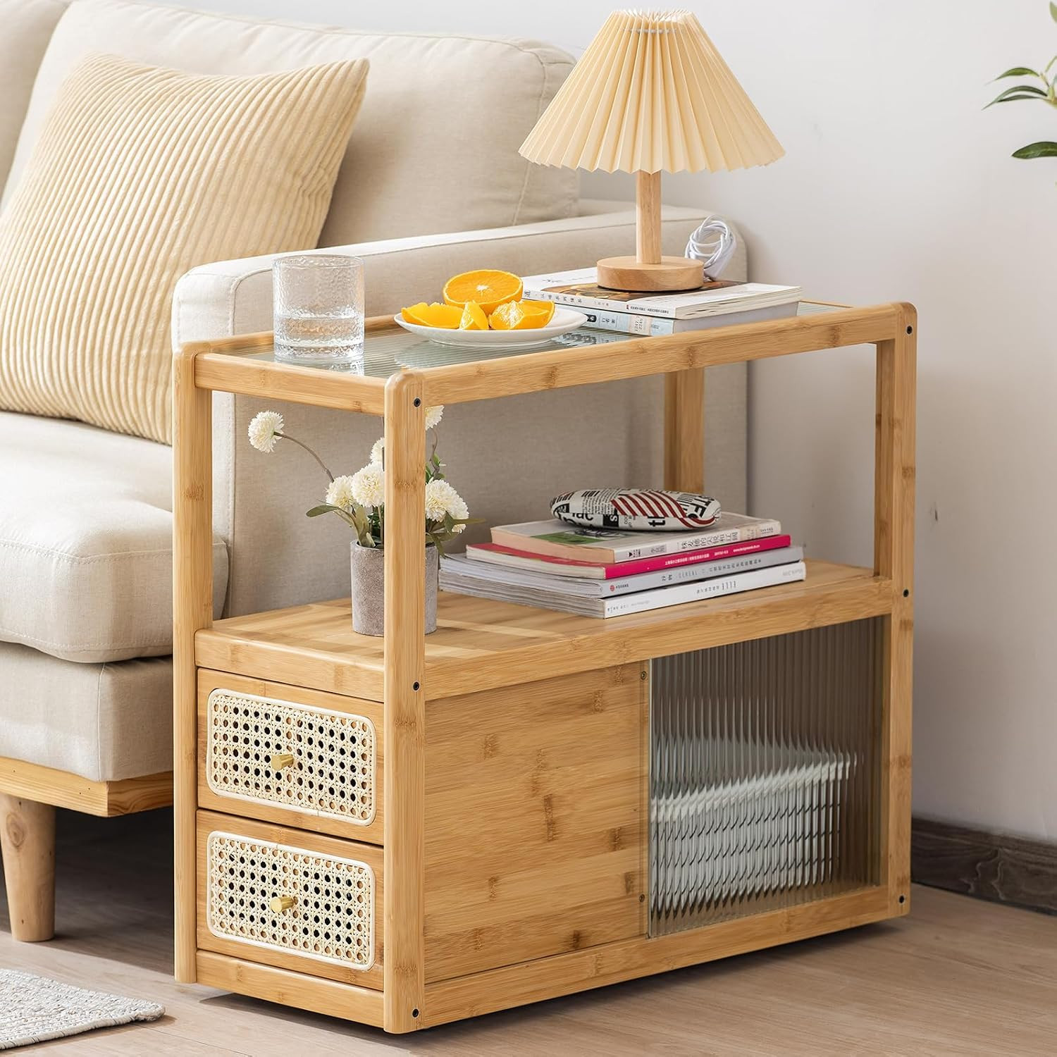 Rattan Nightstand, Bamboo End Table with Glass Top & Storage, Wood | Boho Bedsid