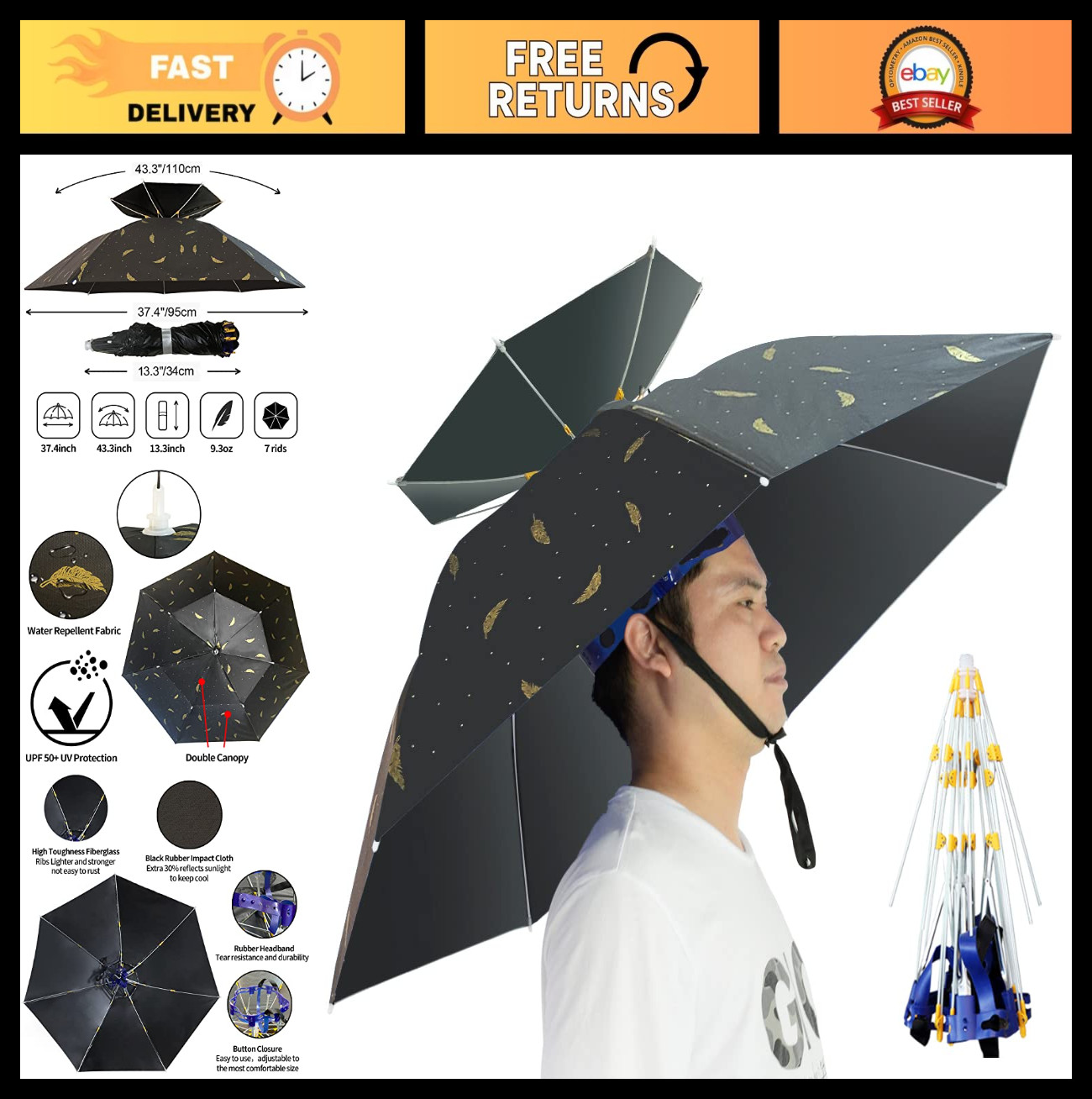 Folding Adjustable Umbrella Hat - 37.4” UV Protection, Waterproof Sunshade for F