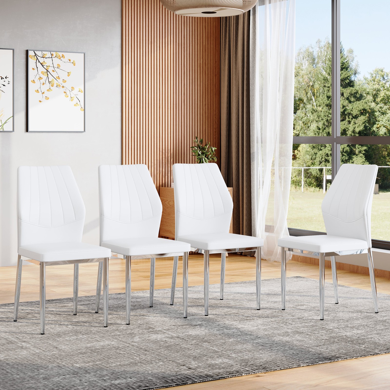 Set of 4 Silver White Dining Chairs, 37" High PU Backrest Ergonomic