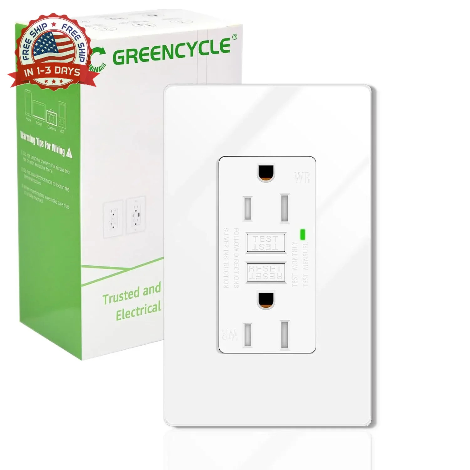 GFCI Outlet 15 Amp,GreenCycle 1 Pack GFCI Plug with LED Indicator,Safe Weather R