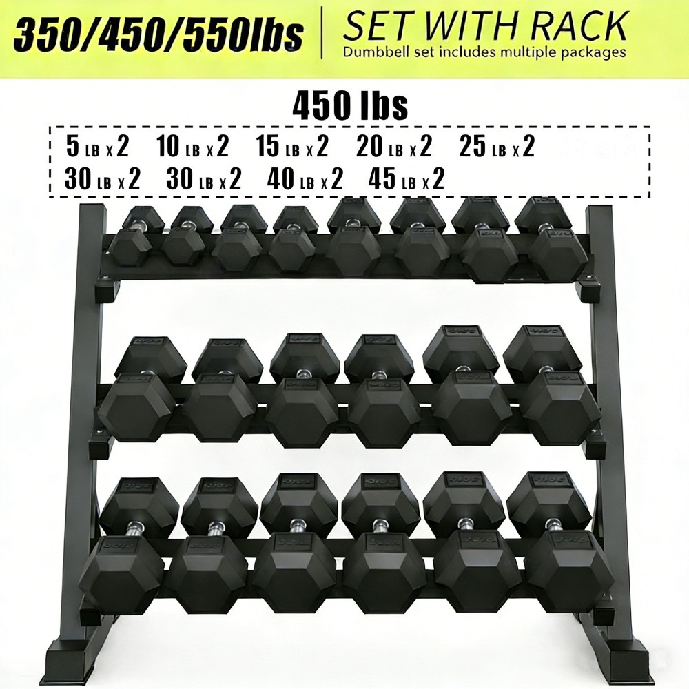 5-45 lb. Rubber Dumbbell Set with Storage Rack 450 LB Hand Weight
