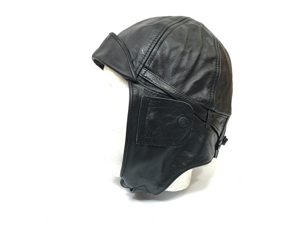 Leather Aviator Cap Black, Repro German WW2 Size Large