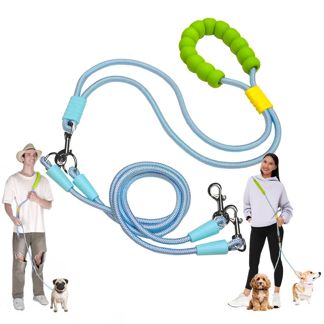 Hands Free Double Dog Leash Standard (Small & Medium Breeds), Blue and Green