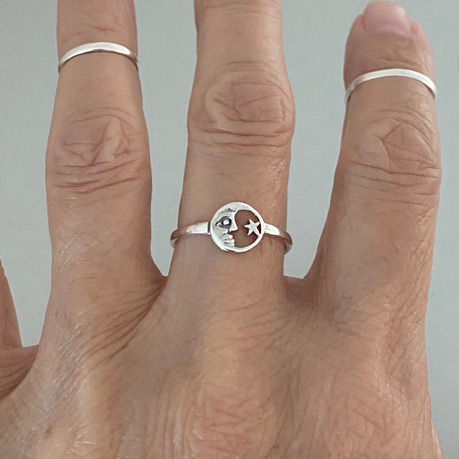 Sterling Silver Small Moon Face and Star Ring, Silver Rings, Dainty, Stars