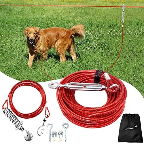 Dog Runner Trolley System 100 Ft W/ 15 Ft Tie Out Cable 250 Lb Heavy Duty Red