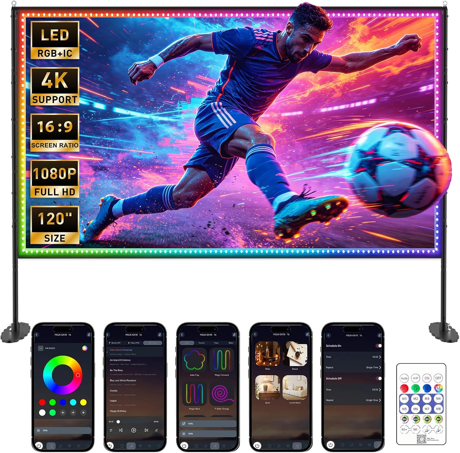 120 inch Outdoor Projection Screen with Stand, Smart RGB+IC String Lights, 4K 16