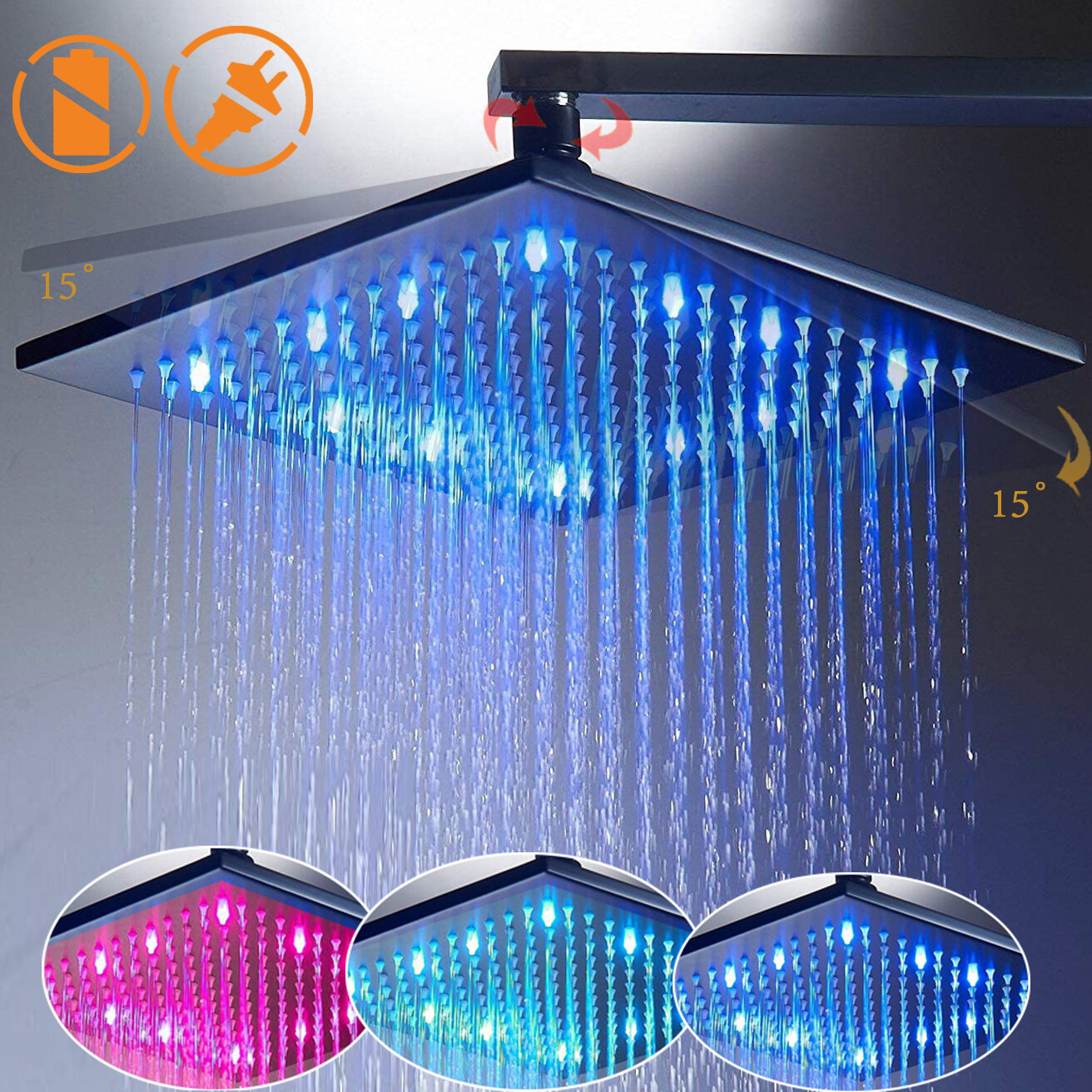 8"10"12"16"LED Shower Head Square Top Sprayer without Shower Arm Matte Black