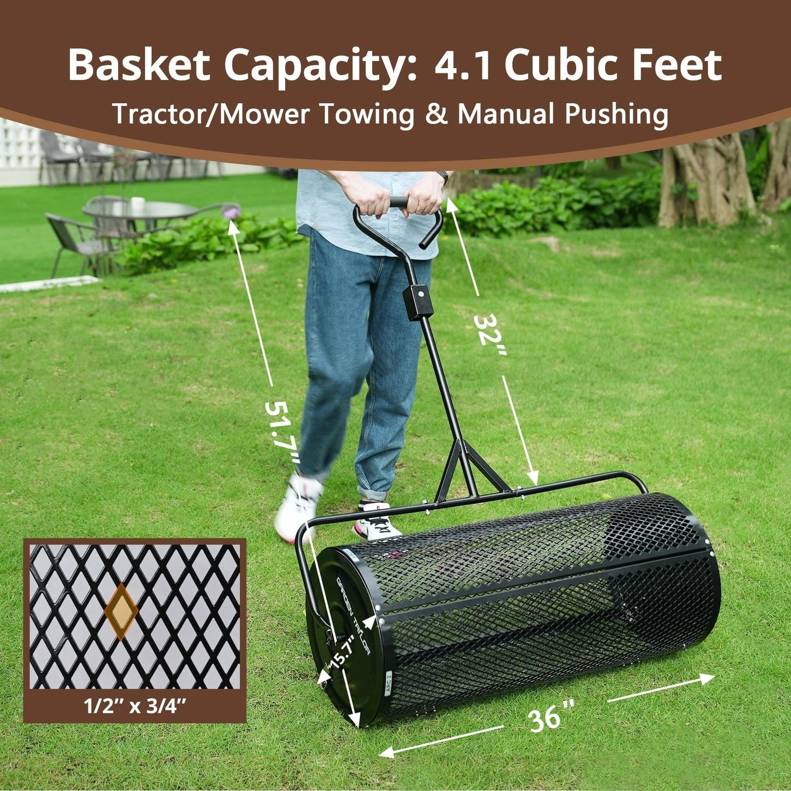 Compost Spreader 36 Inch Towable Peat Moss with 36 Inch, Black