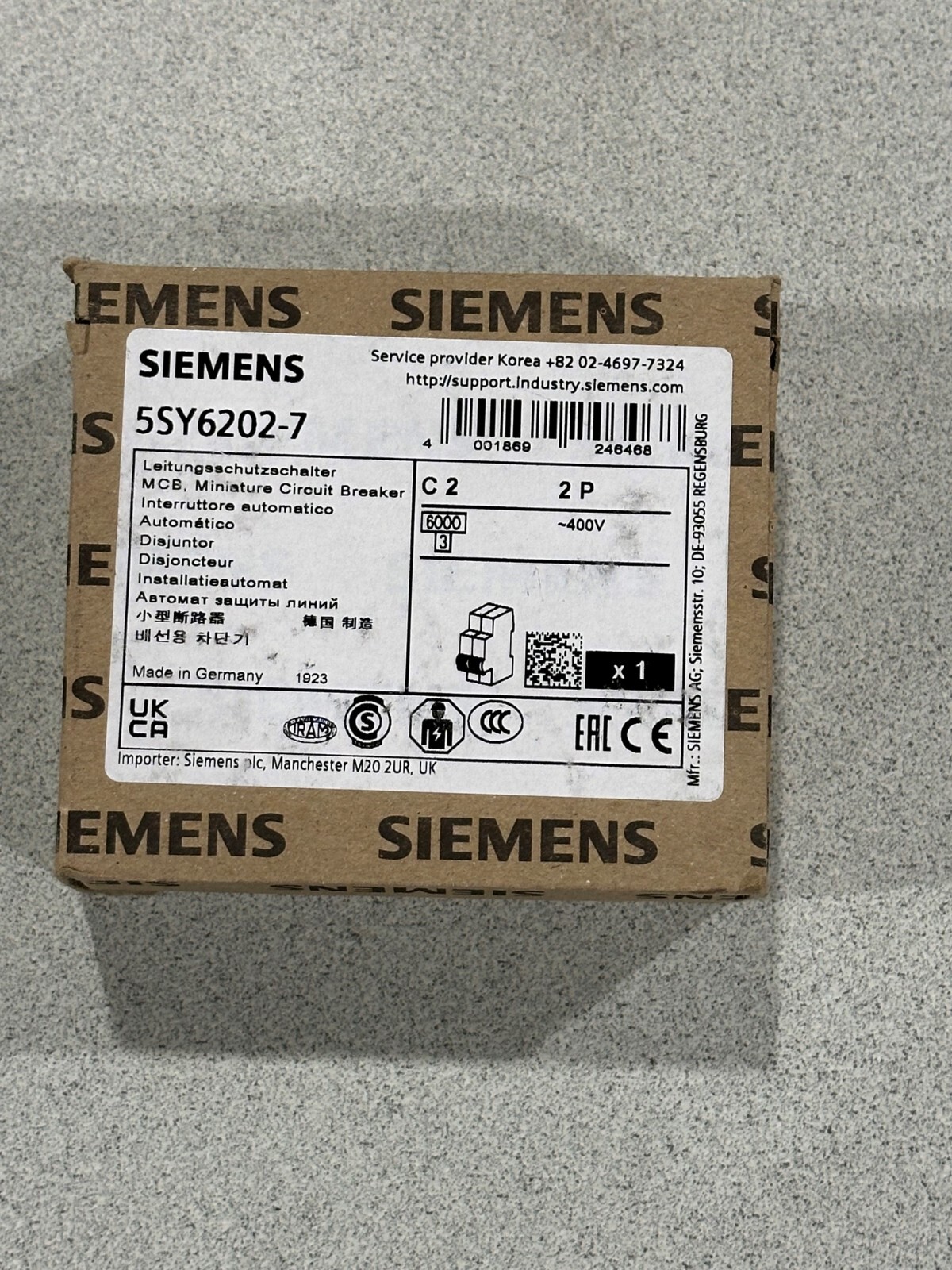 SIEMENS 5SY6202-7 MINIATURE CIRCUIT BREAKER 2P  2A C-CURVE   *NEW*