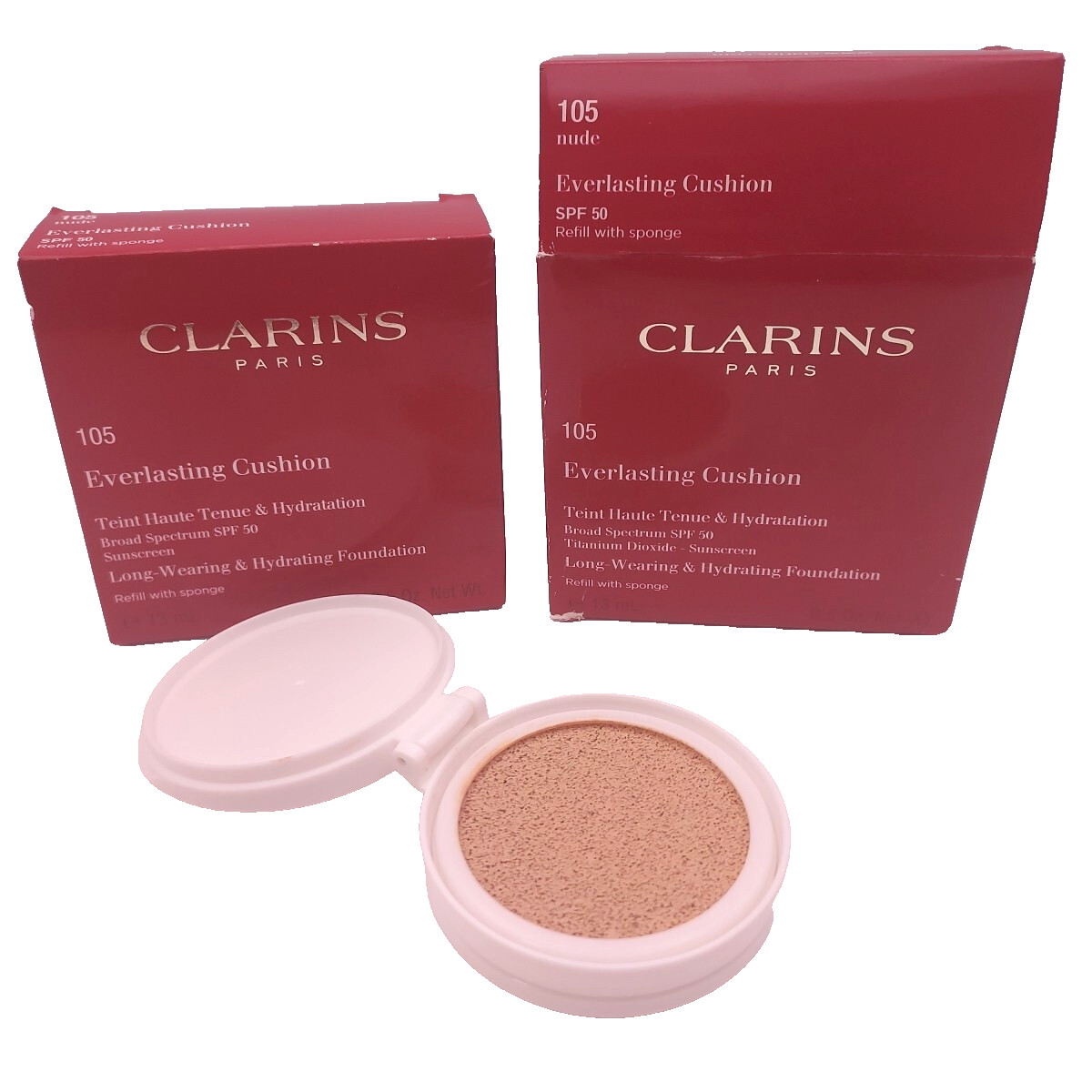 LOT OF 2 Clarins Everlasting Cushion Foundation Refill 105 NUDE SPF 50 Sealed