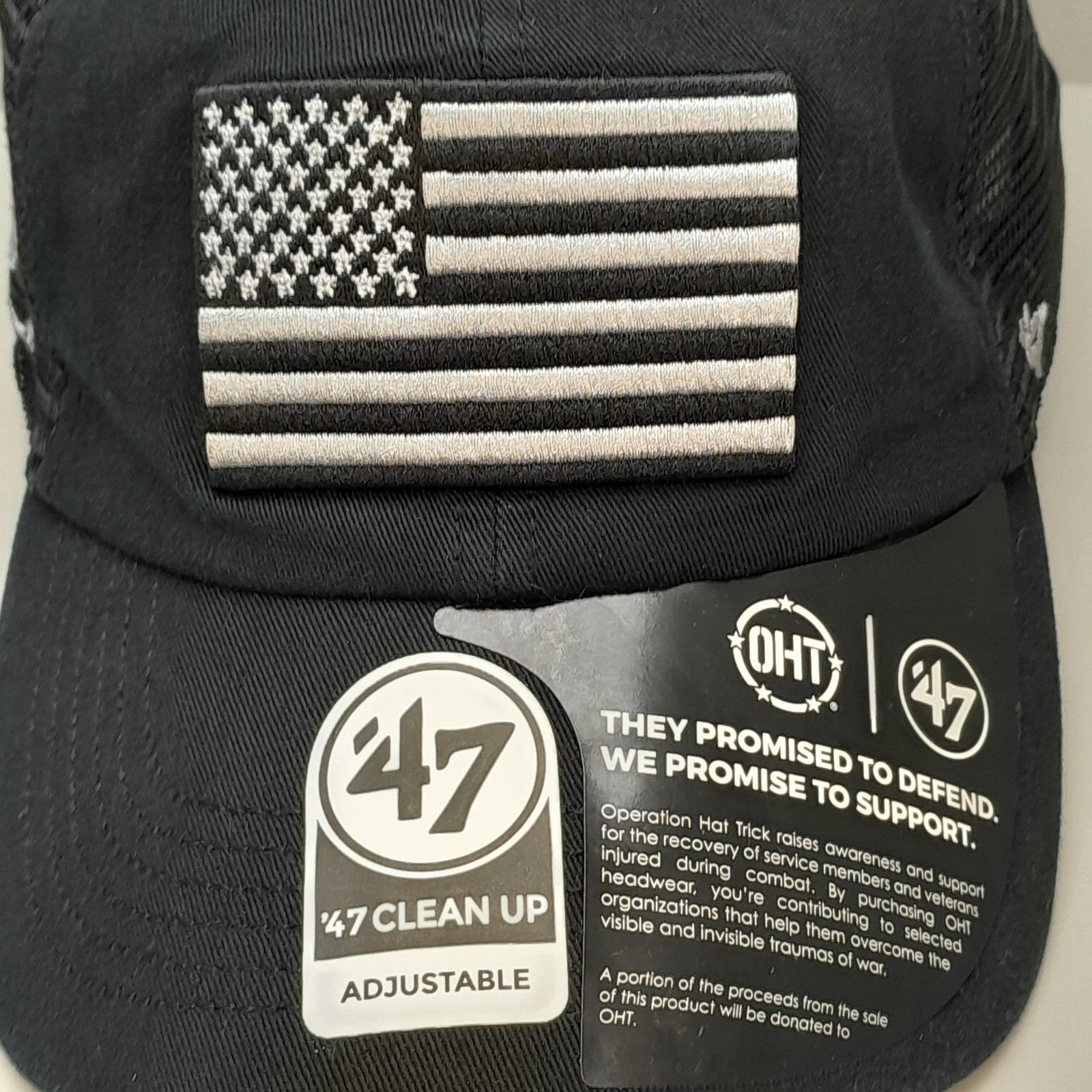 Operation Hat Trick OHT ‘47 Clean Up Hat USA Flag Black Mesh Adjustable Cap NWT