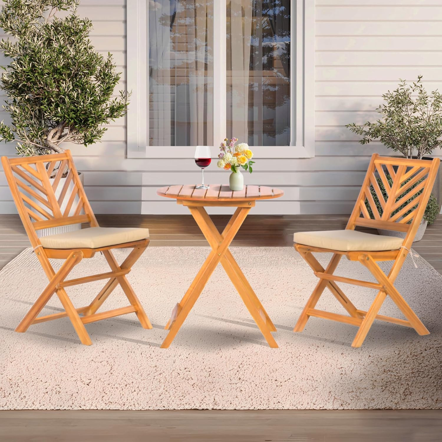 Werph 3-Piece Acacia Wood Patio Set, Foldable Bistro Table and Chairs Set of 2,