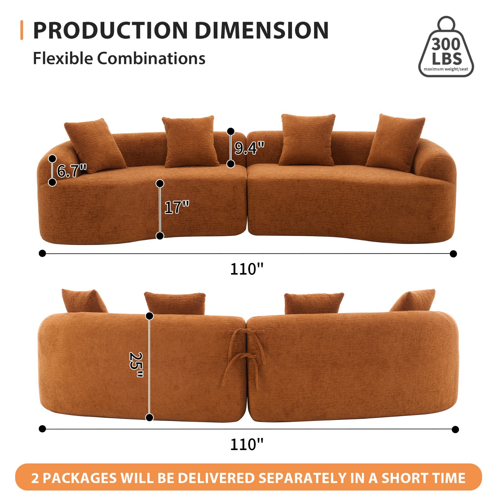 4-Seater Sectional Sofa Orange Chenille - w/4 Pillows, No Assembly, Pet Friendly