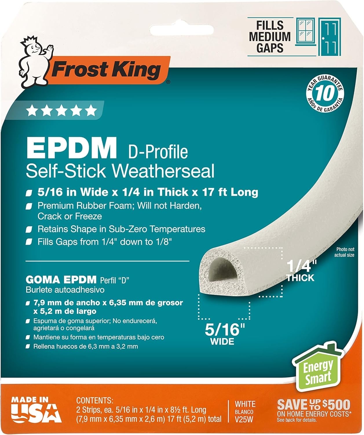 Frost King V25W Premium D-Section Rubber Self-Stick Weatherseal Tape, 5/16"