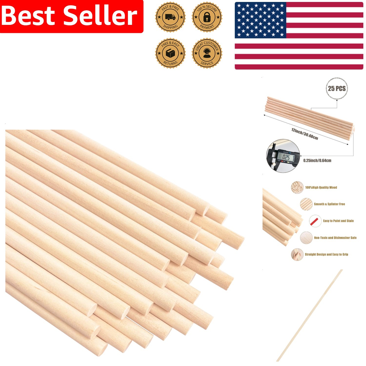 Crafting Wood Dowels 1/4x12 Inch - 25PCS Natural Hardwood Rods for Projects
