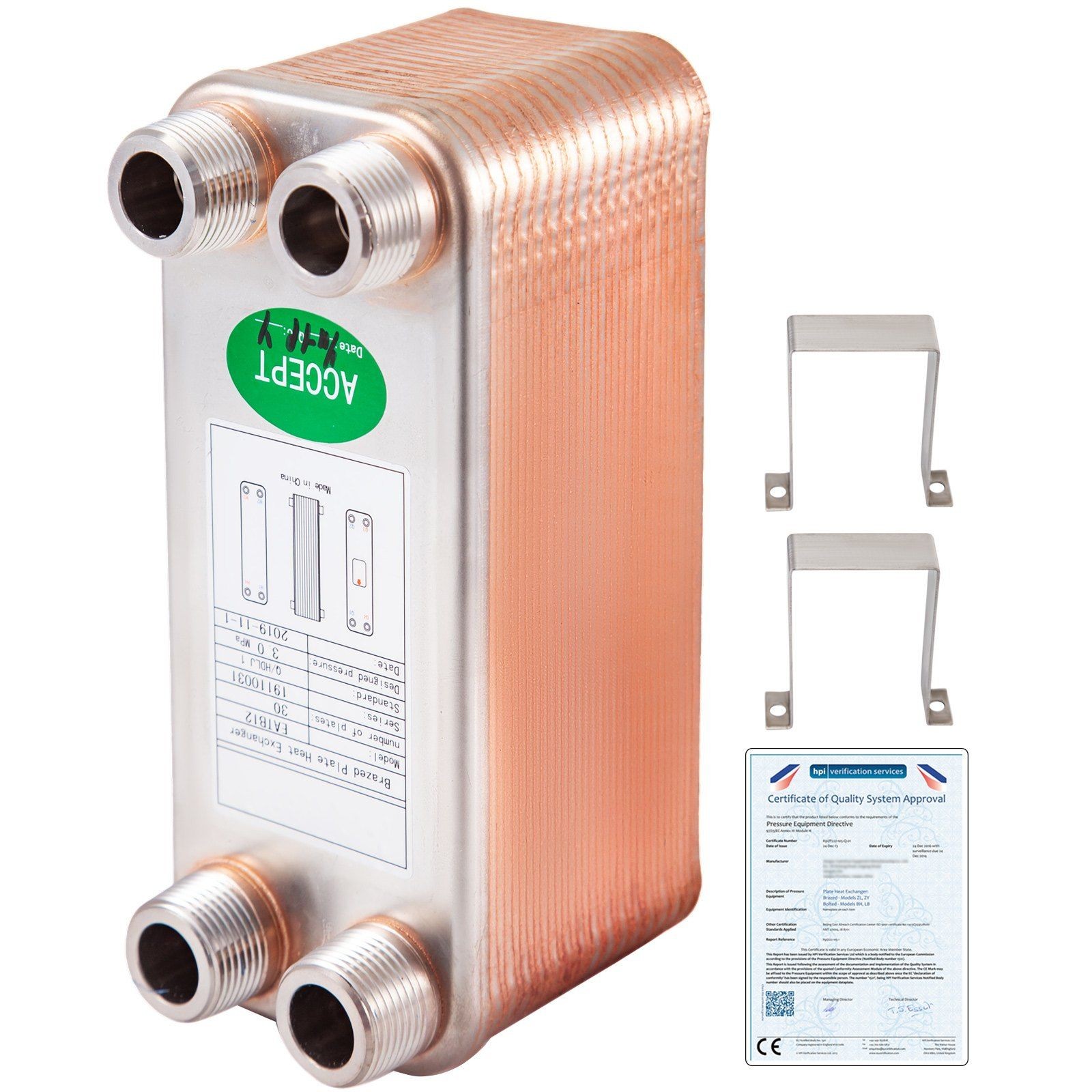 High-Efficiency 30-Plate Brazed Heat Exchanger 316L 3/4" MNPT 7.8x3x3.7"