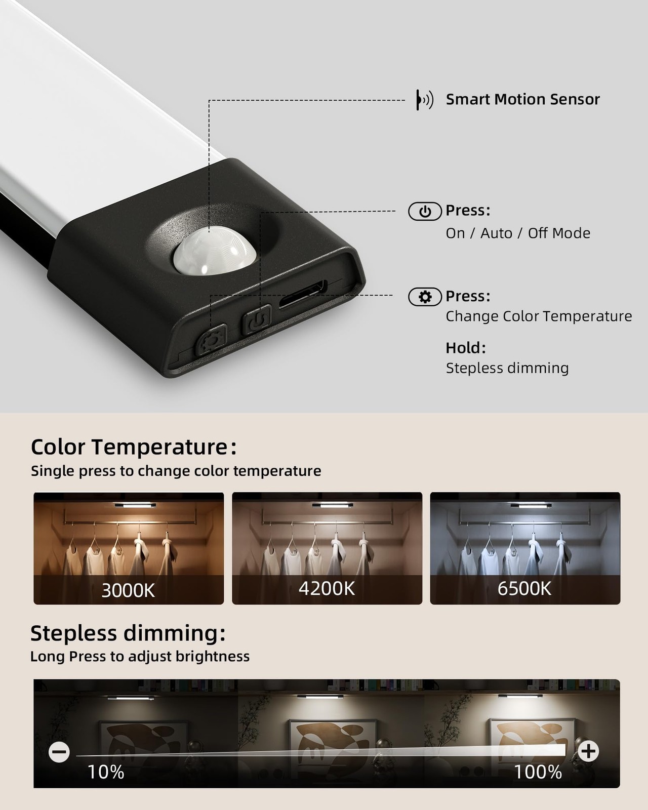 3 Pcs Black 11.8 50 LED Under Cabinet Light, Motion, 3 Color, Dimmable, USB