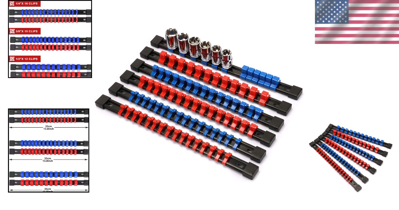 Versatile 6PC Socket Organizer with Removable Clips - Blue & Red Design