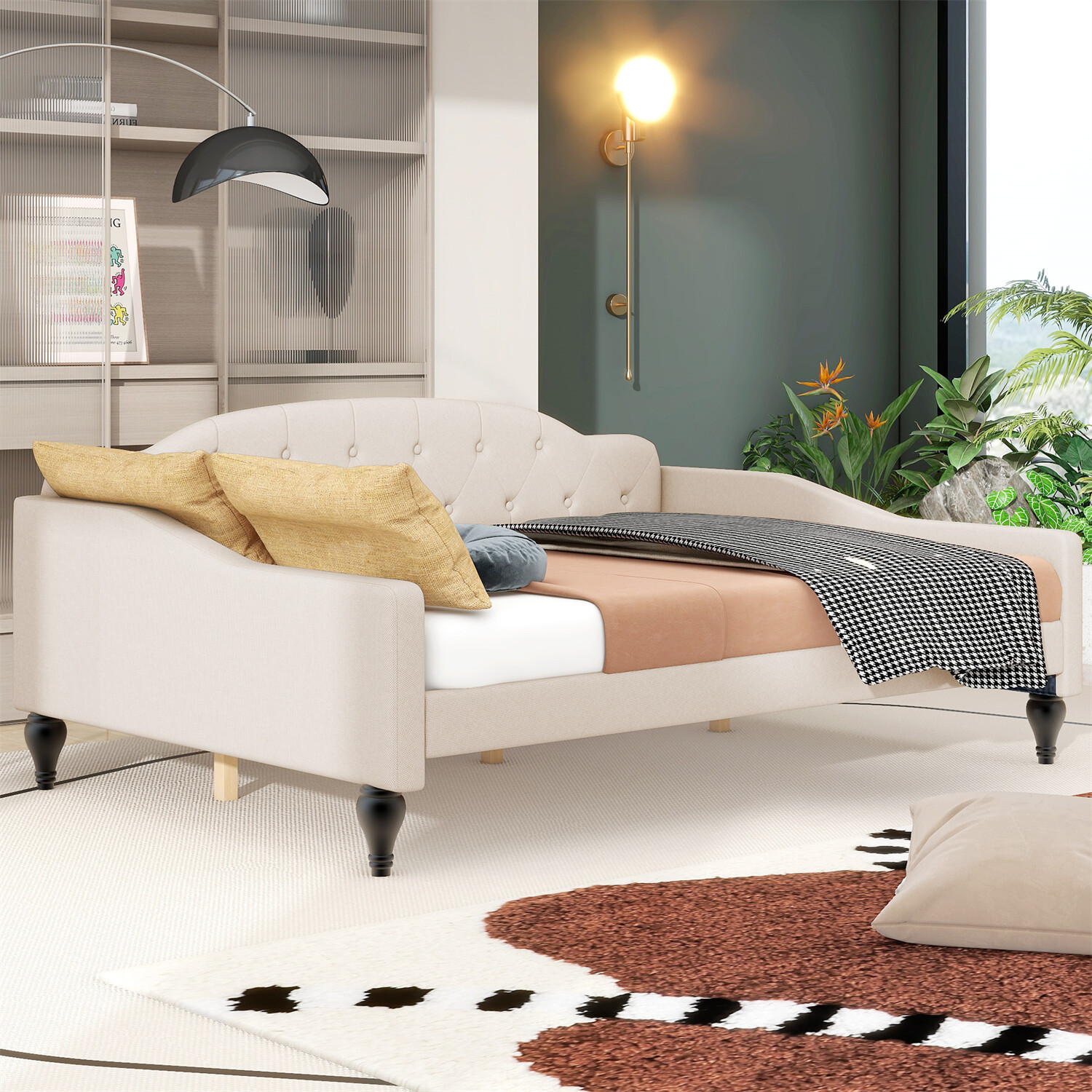 Full Size Daybed Linen Upholstered Bed Frame Sofa Bed for Bedroom Beige
