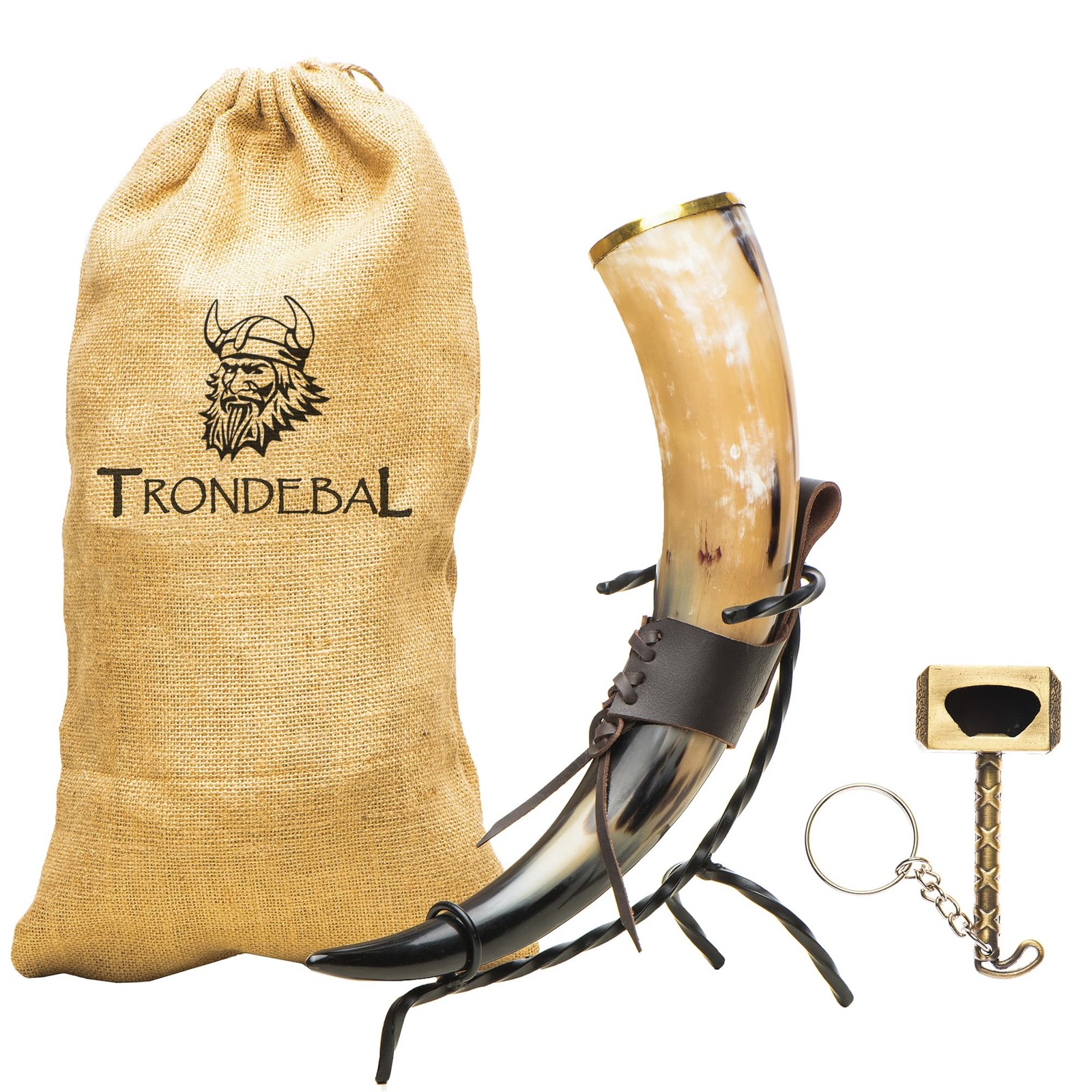 Trondebal Viking Drinking Horn 15-20 oz with Metal Stand | Hand-Crafted Ox Horn