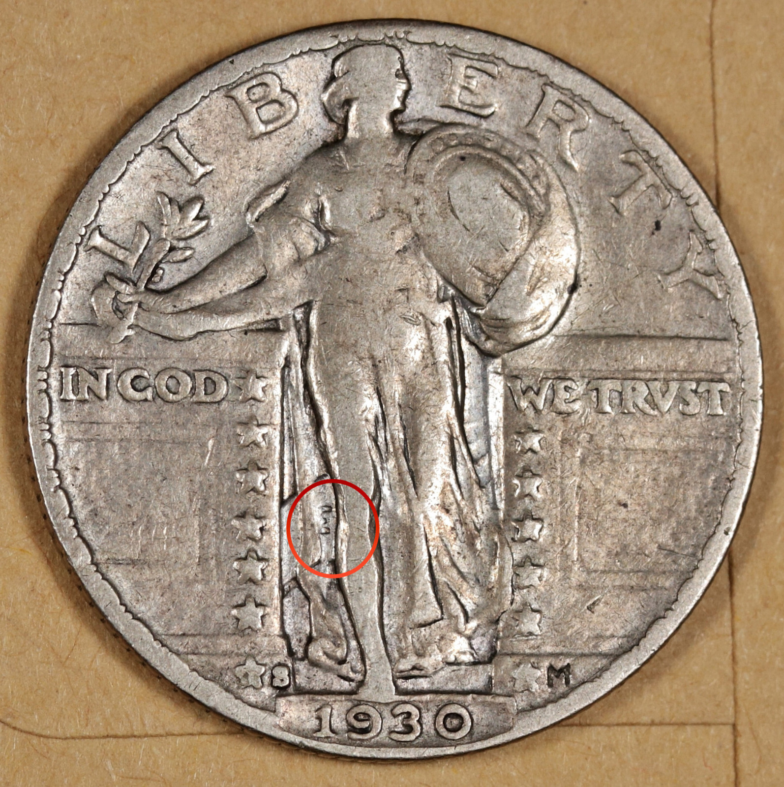 1930-s Standing Liberty Quarter.  Error.  Clashed "E".  VF-XF.  192219