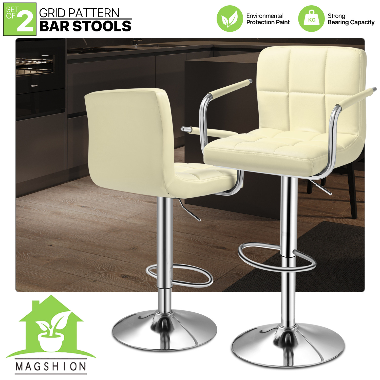 Set of 2 Bar Stools Swivel Modern Adjustable Kitchen Height Pub Chair w/Armrest