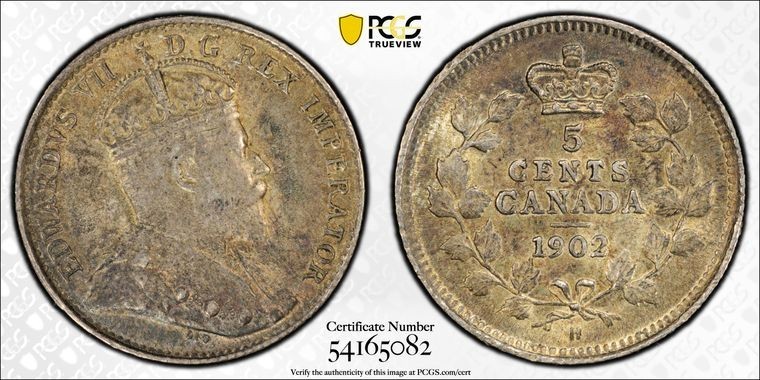 1902-H Canada 5 Cents PCGS AU58 Lot#G1987 Silver! Small 'H'