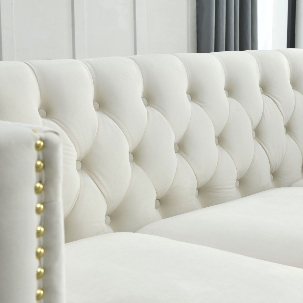 Velvet Sofa 3-Seater Tufted Chesterfield w/ Metal Legs Beige