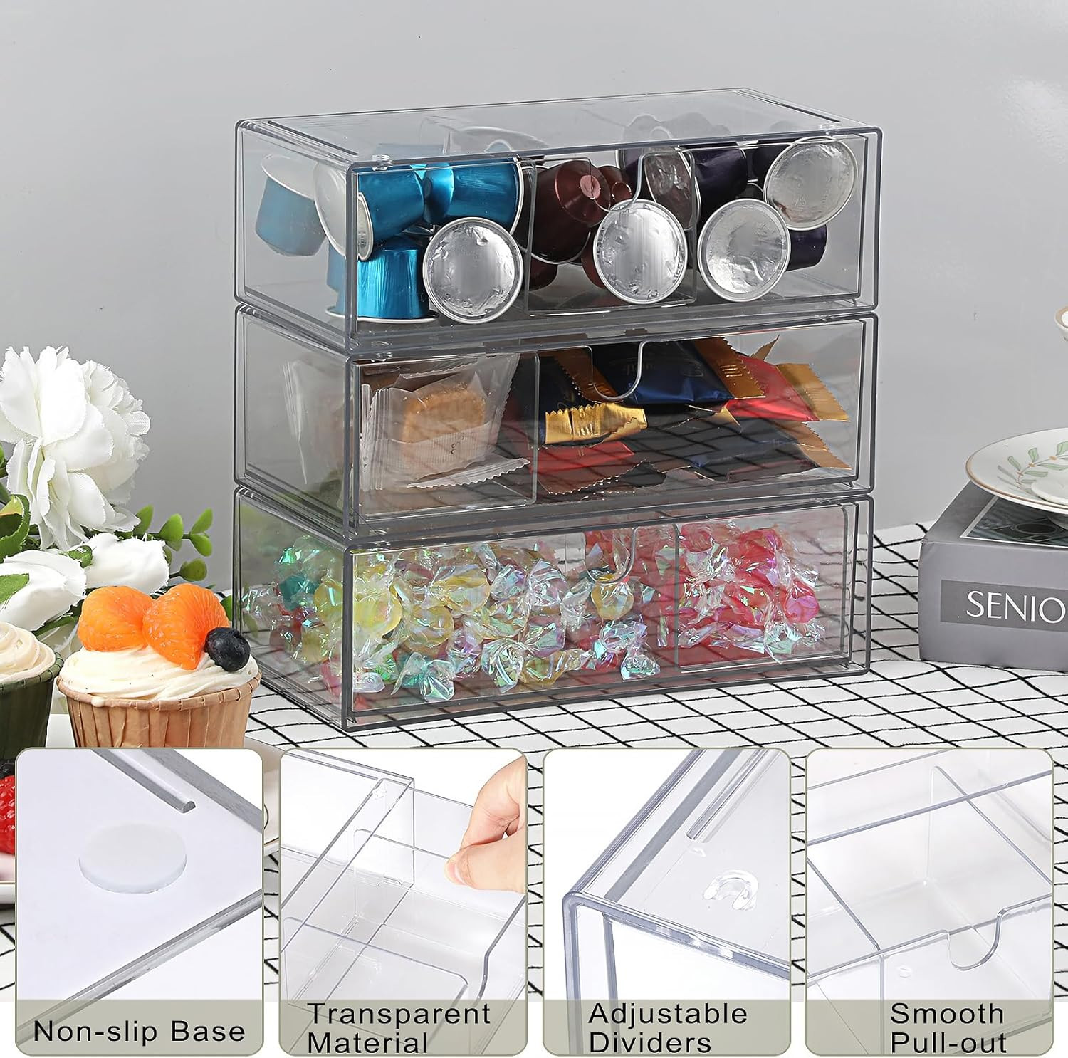 Acrylic Pencil Drawer with Removable Dividers Clear Pull Out Pen Drawer Organize