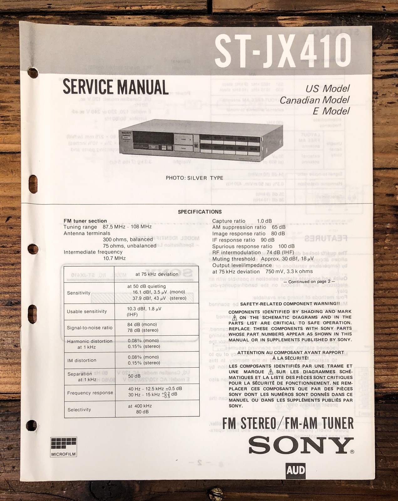Sony ST-JX410 Tuner Service Manual *Original*