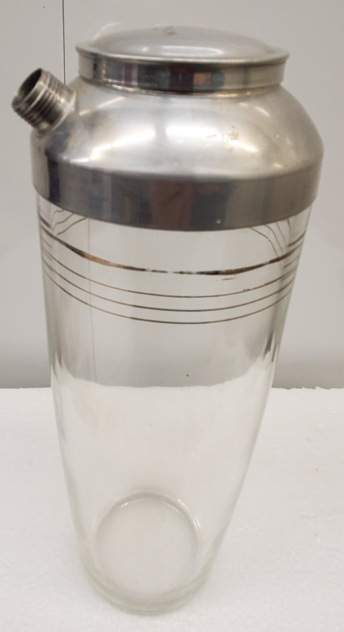 Vintage MCM Art Deco Design Cocktail Shaker   Silver Bands