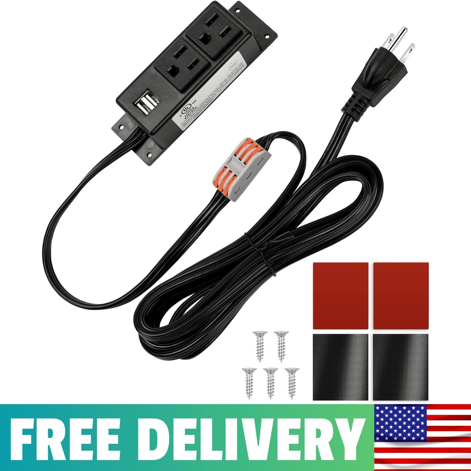Gun Safe Power Outlet Strip With 2 USB Ports.  Certified. Black. | 10 FT Flat AC