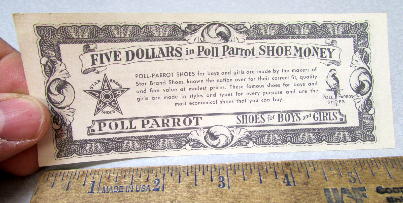 vintage Poll Parrot Shoe Money, FIVE Dollars coupon, great graphics & colors