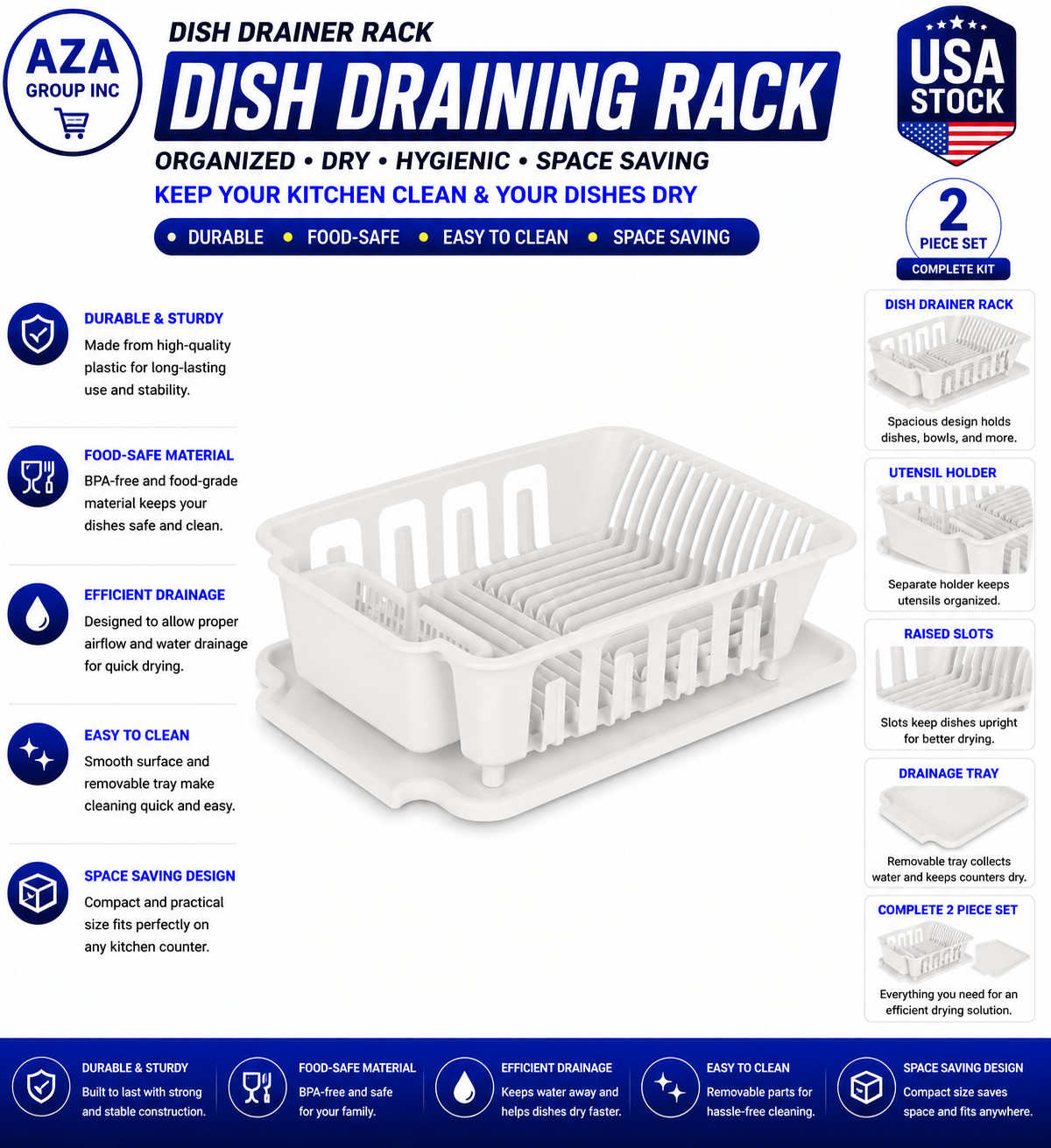 2-Piece Large Sink Set Dish Rack Drainer, White (18 L X 13 3/4" W X 5 1/2" H), 3
