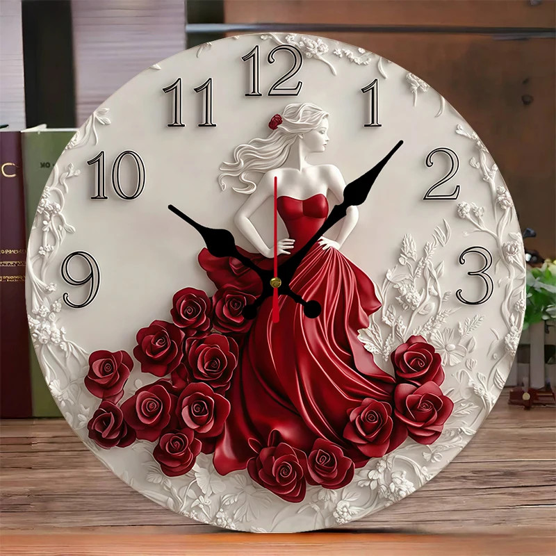 Woman And Red Roses Wooden Round Silent Hanging Wall Clock, Suitable For Living