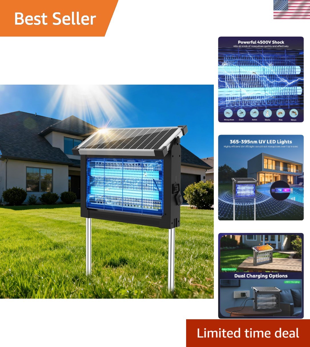 Solar Bug Zapper Outdoor, 4500V Mosquito Zapper Fly Trap for Patio | 10W Sola...
