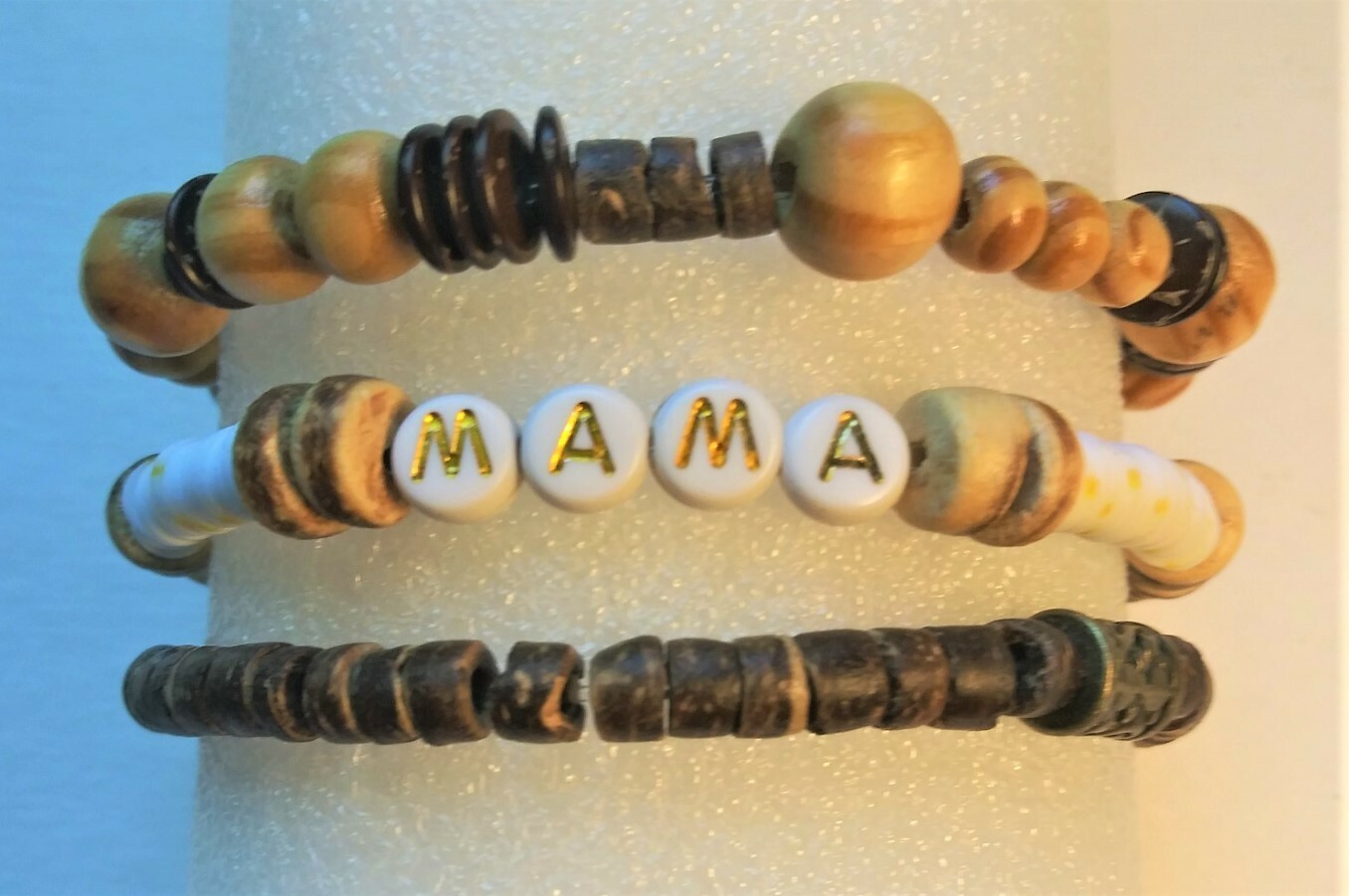 Mama Stretchy Bracelet Stack Wood Beads and Discs