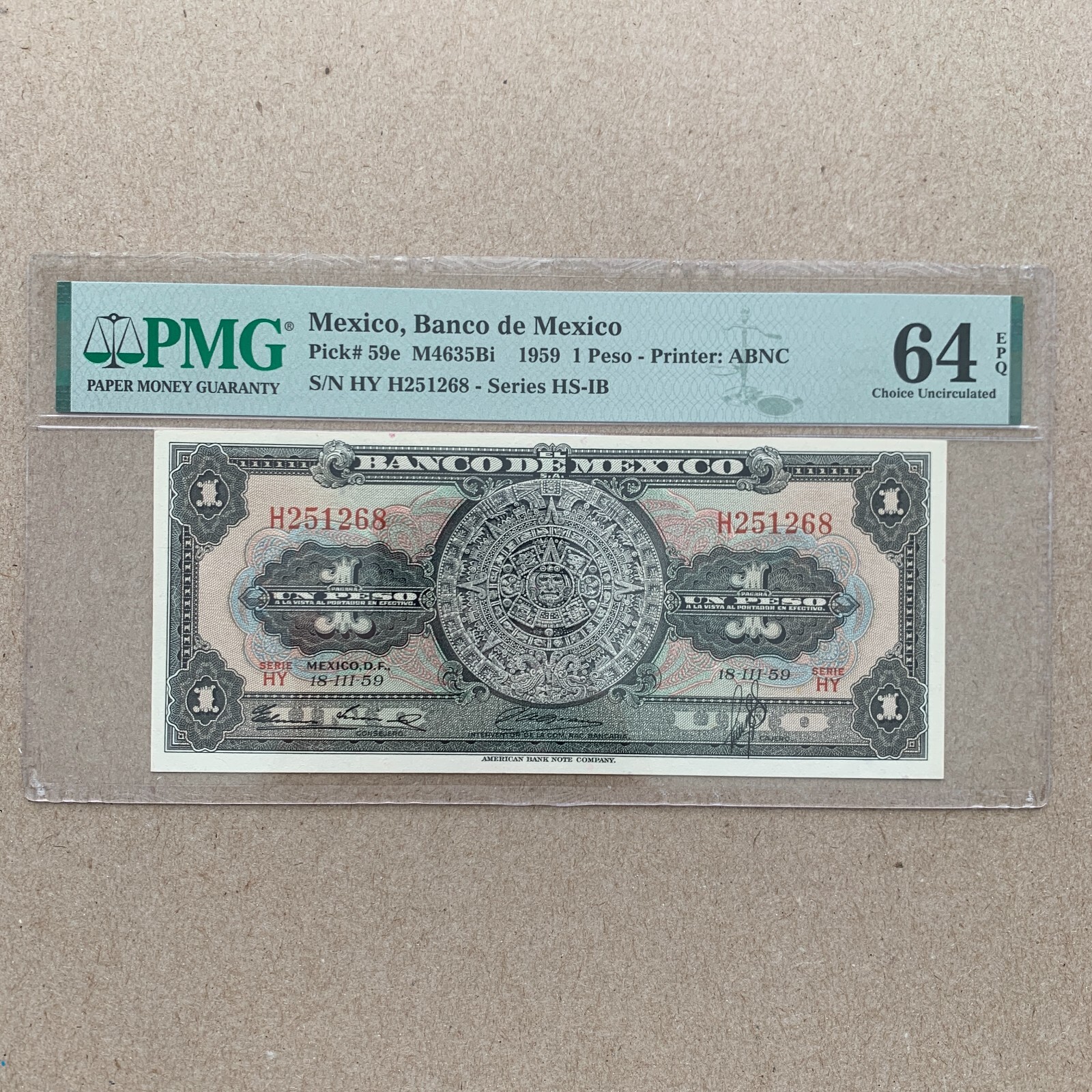 Aztec Calendar Mexico 1 Peso Banknote 1959 PMG 64 EPQ Mexican Certified P59e