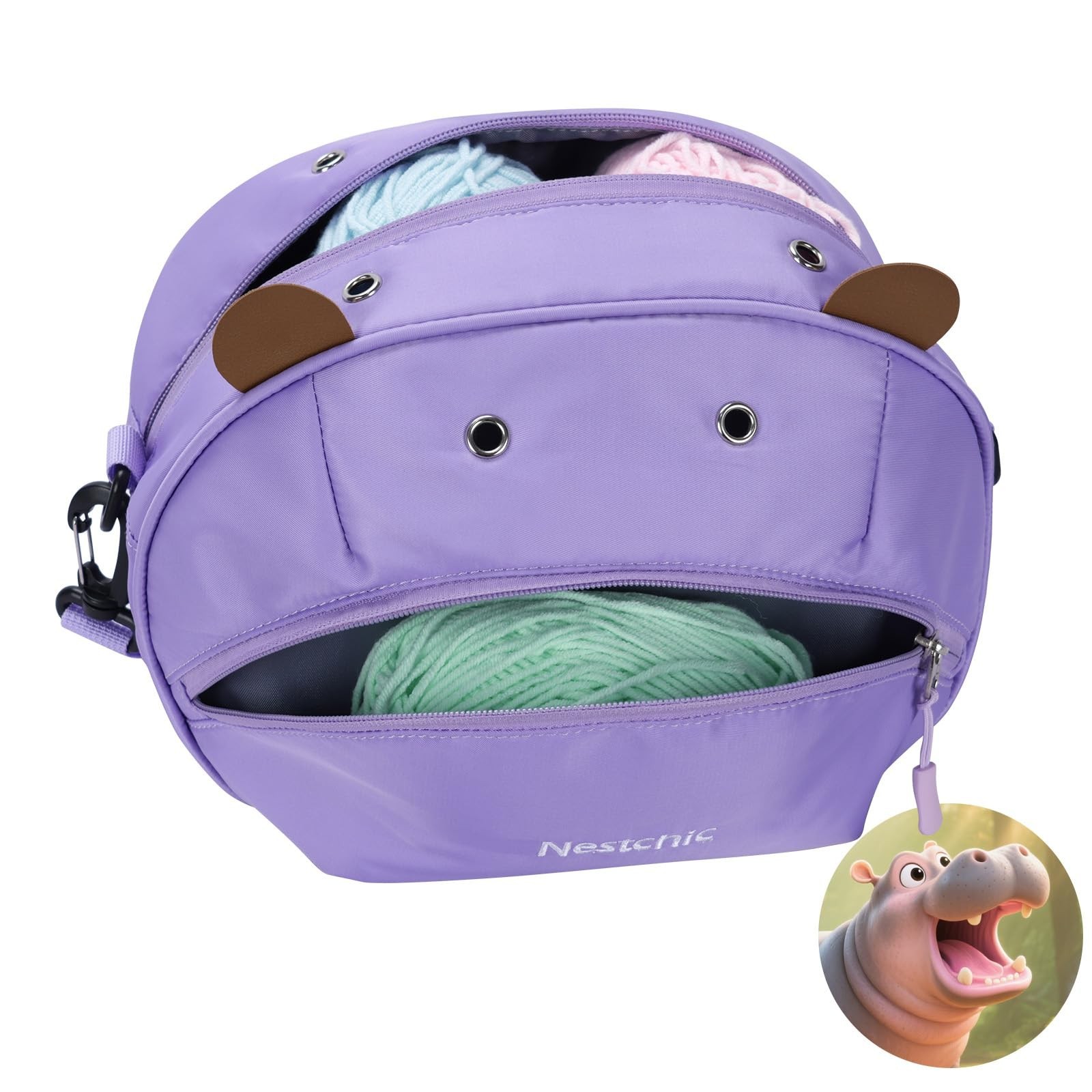 Hippo Yarn Storage Bag Organizer for Crochet – Portable Knitting Holder wi