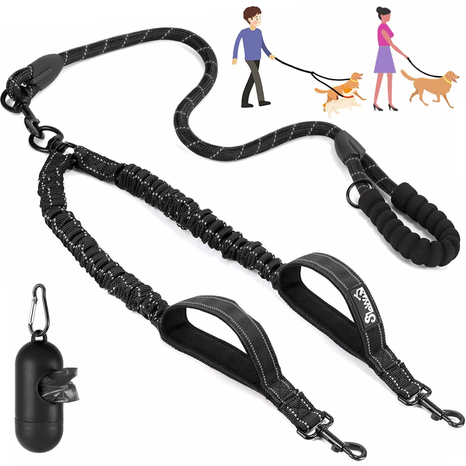 Lukovee Double Dog Leash, No Tangle - 360° Swivel M, 8-35lbs (Total ), Black