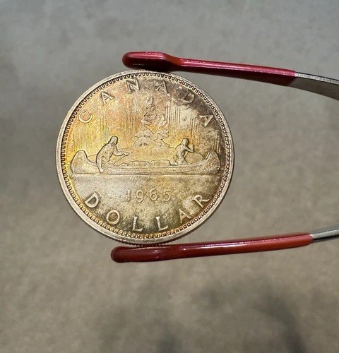 1965 Canada $1 Silver Dollar Coin Large Beads - Toned Gem