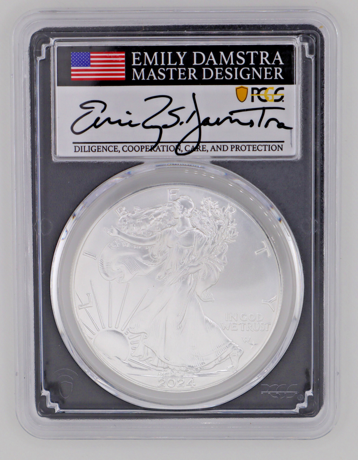 2024-(P) SILVER EAGLE STAR PRIVY PCGS MS70 FDI EMILY DAMSTRA SIGNED FLAG LABEL